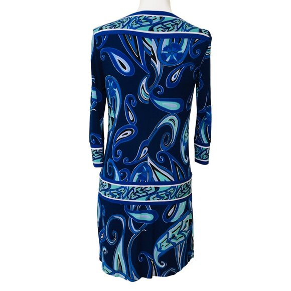 Drop Waist Dress Blue White Green Swirls ¾ Sleeves Stretch Ali Ro Women’s Size 2 - Picture 2 of 16